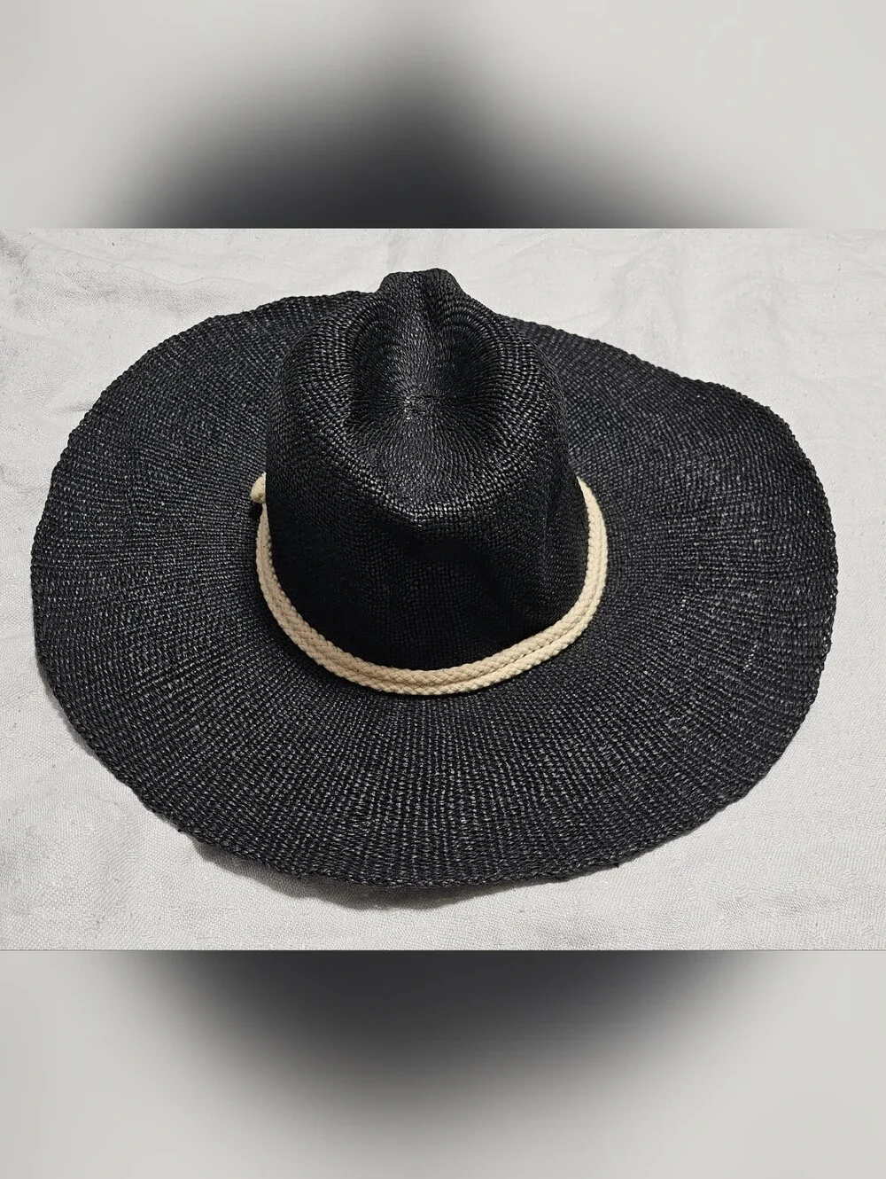 Free People Black Straw Paper Woven Sun Hat Wide Brim Rope Accent Beach One Size